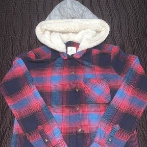 Red and Blue Plaid Button up Hoodie